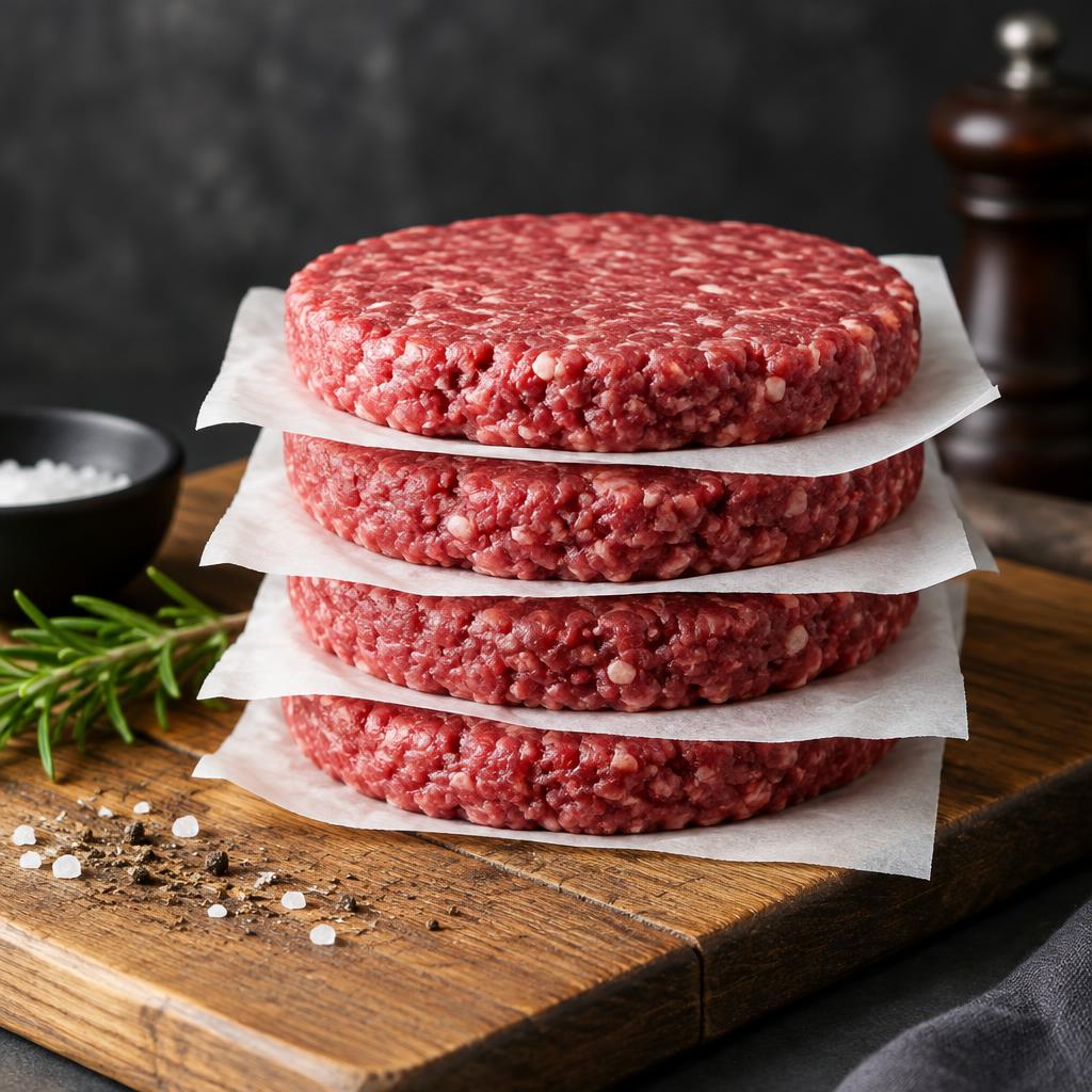 Beef burger patties produced for wholesale