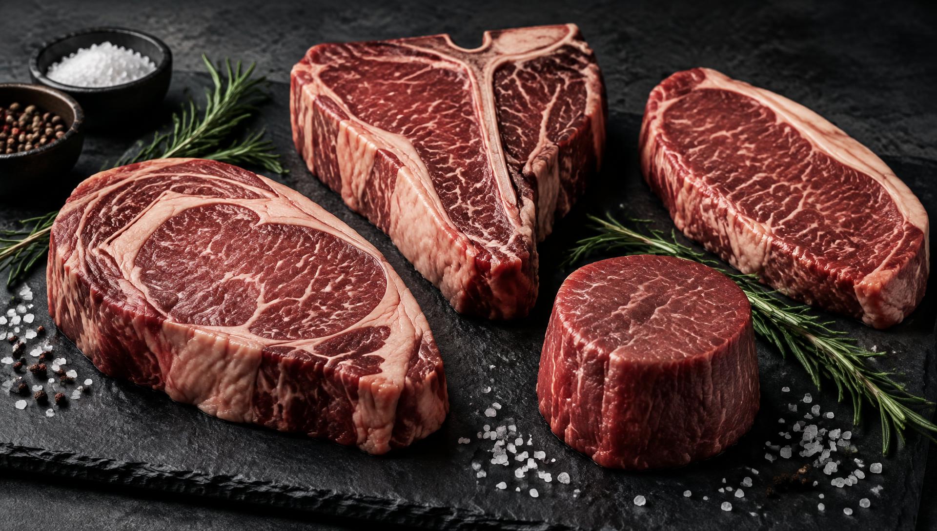Premium ribeye, T-bone, sirloin and fillet steaks on slate